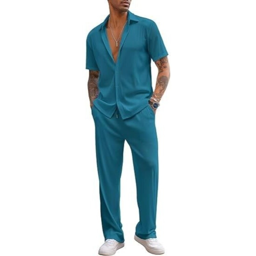 COOFANDY Men's 2 Piece Outfit 3X-LARGE Button Down Shirt Lake Blue Casual Pants